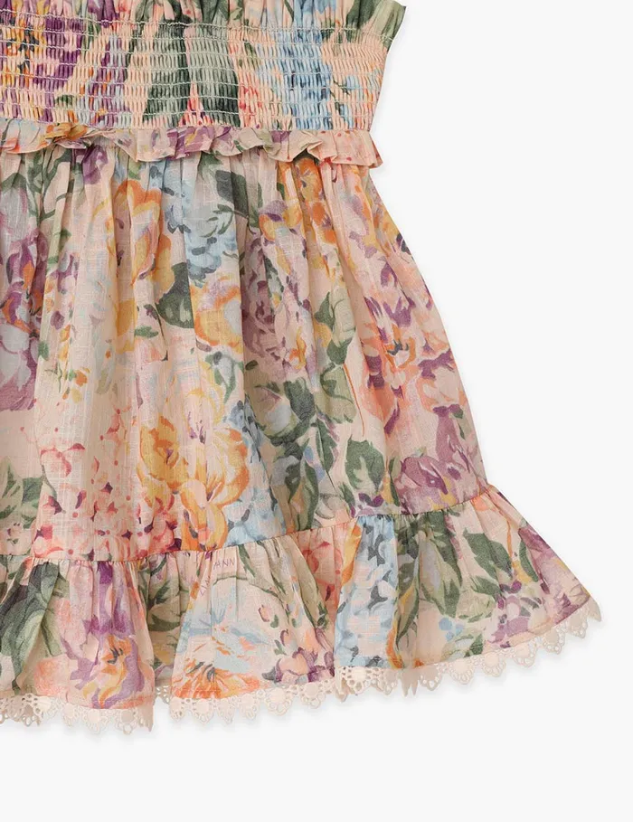 Kids Zimmermann Clothing Halliday Shirred Top Multi Watercolour Floral