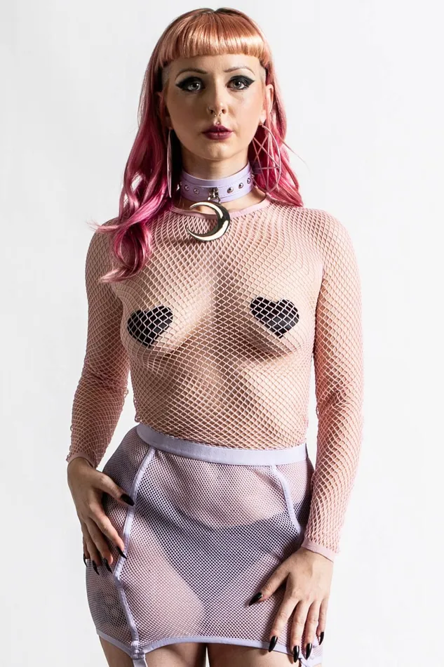 Killstar Long Sleeves Women Sweetheart Fishnet Top PASTEL PINK