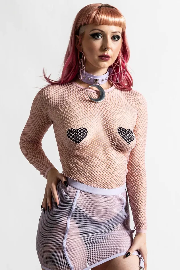 Killstar Long Sleeves Women Sweetheart Fishnet Top PASTEL PINK