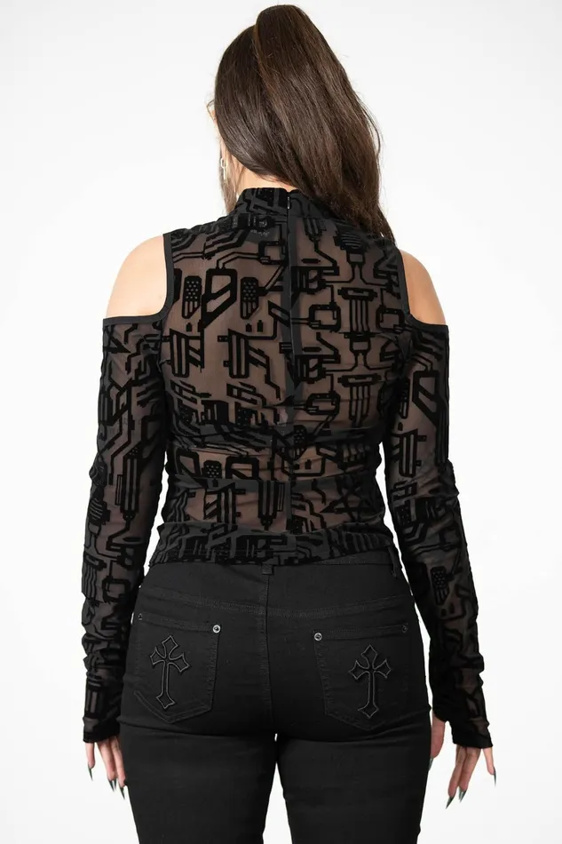 Killstar Long Sleeves Women Tuned Out Mesh Cold Shoulder Top