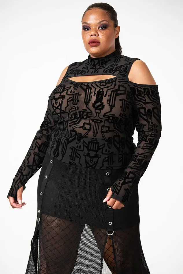 Killstar Long Sleeves Women Tuned Out Mesh Cold Shoulder Top