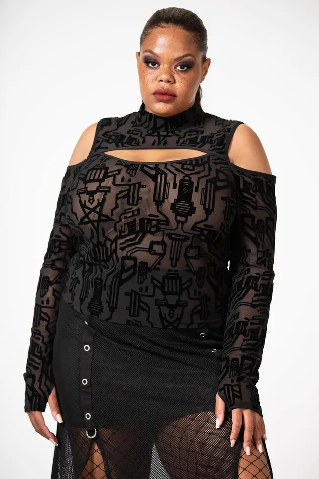 Killstar Long Sleeves Women Tuned Out Mesh Cold Shoulder Top