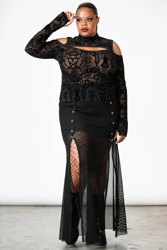 Killstar Long Sleeves Women Tuned Out Mesh Cold Shoulder Top
