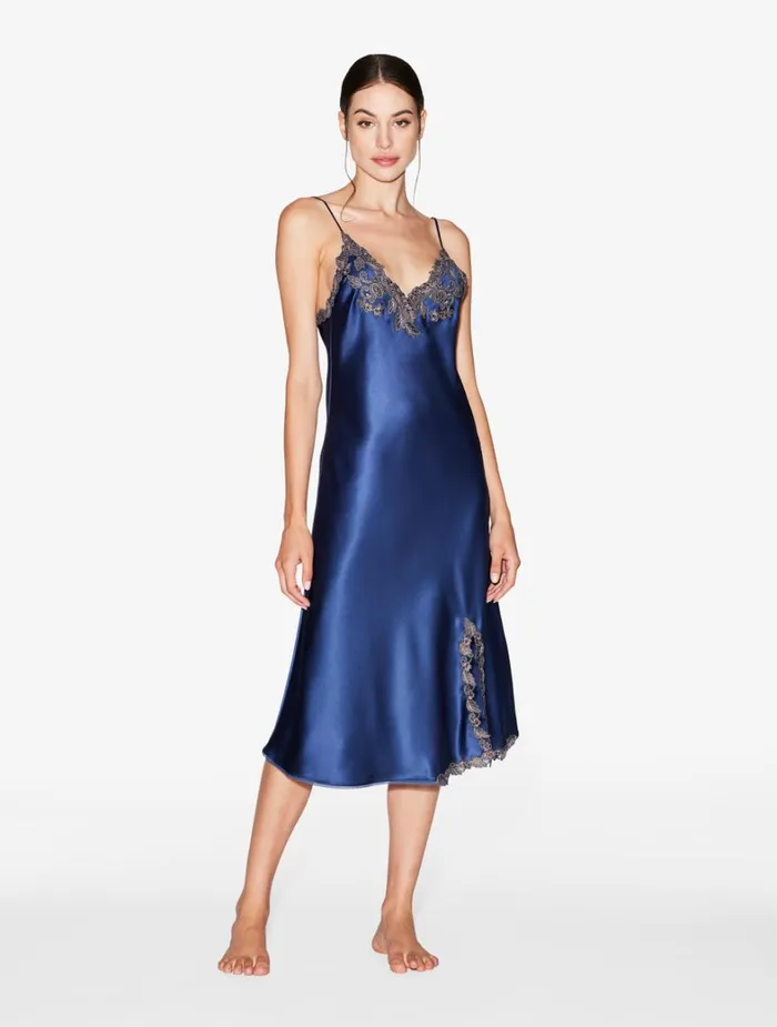 La Perla Blue Silk Satin Short Nightgown With Frastaglio Women Pajamas