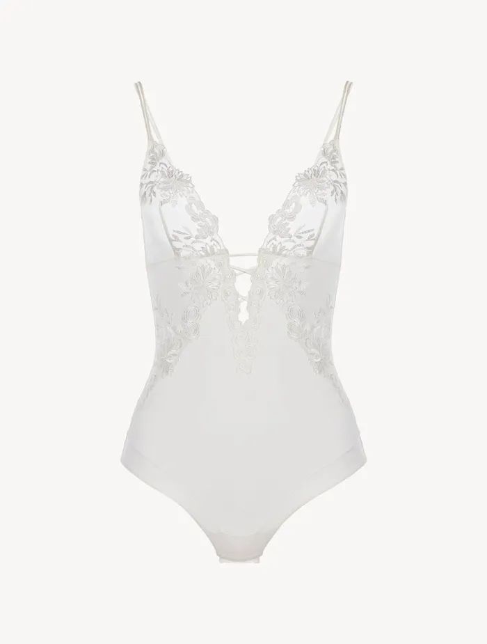 La Perla Bodysuit In Offwhite Lycra With Embroidered Tulle Women Bodysuits and Bustiers La Perla Bodysuit In Offwhite Lycra With Embroidered Tulle Women Bodysuits and Bustiers