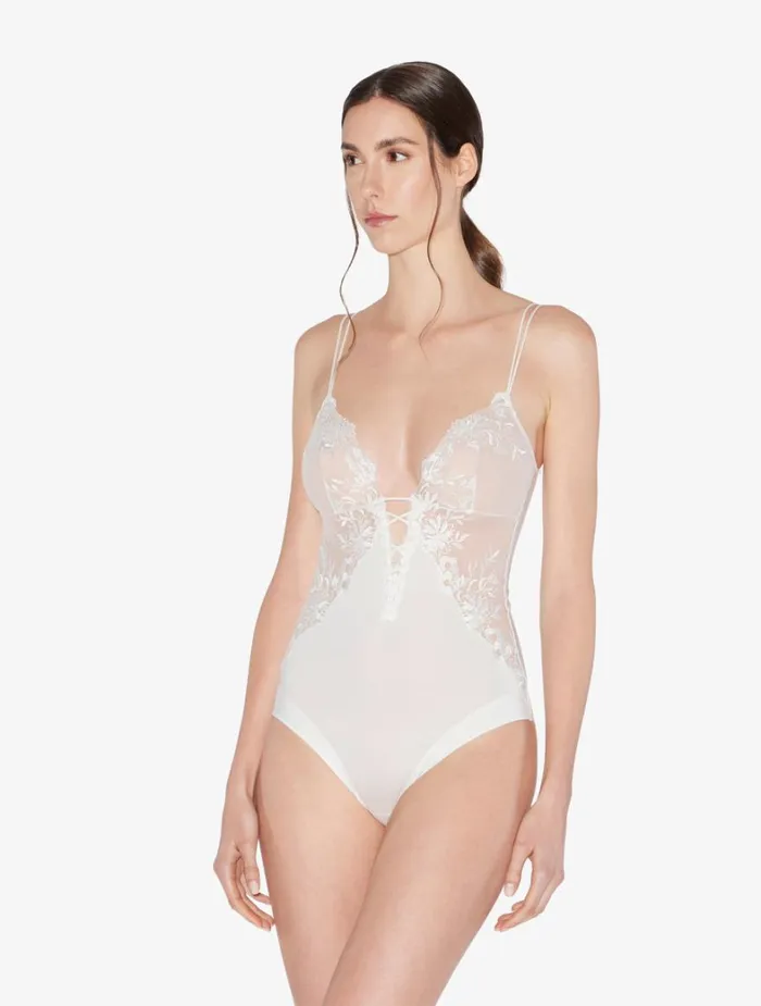 La Perla Bodysuit In Offwhite Lycra With Embroidered Tulle Women Bodysuits and Bustiers