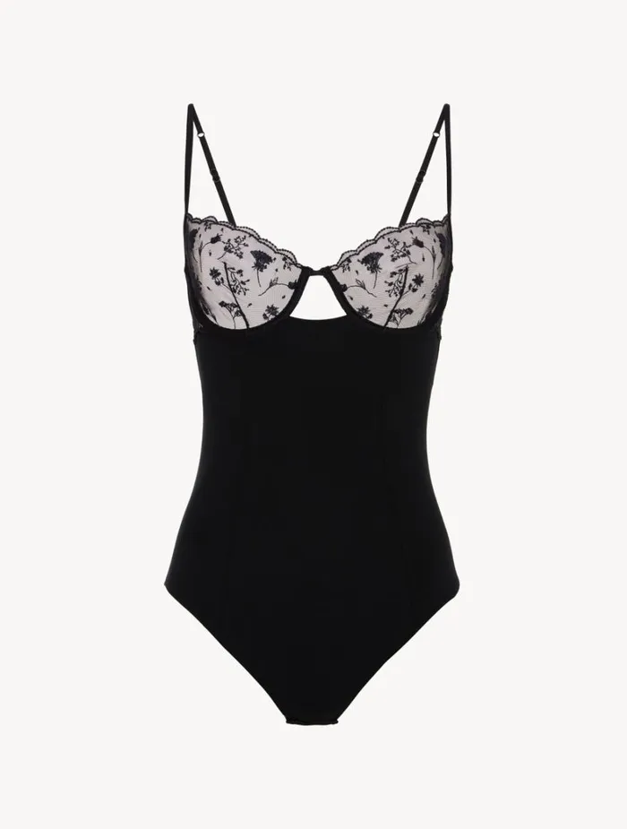 La Perla Bodysuit In Onyx With Embroidered Tulle Women Bodysuits and Bustiers