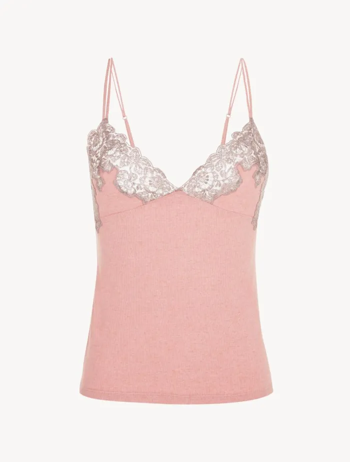 La Perla Cashmere Blend Ribbed Camisole In Blush Clay With Frastaglio Women Camisoles