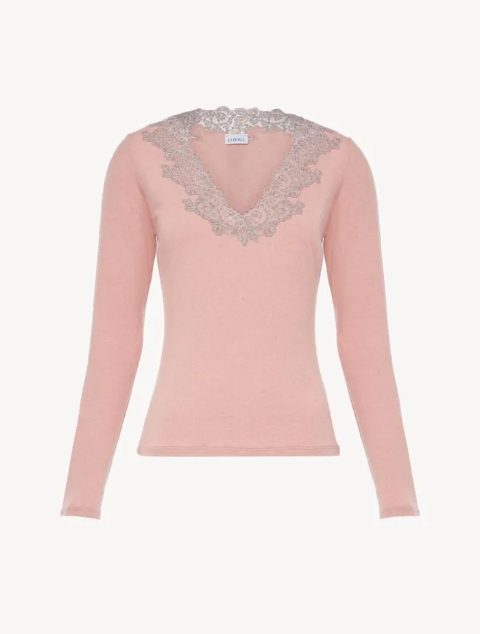 La Perla Cashmere Blend Ribbed Longsleeved Top In Blush Clay With Frastaglio Women Pajamas