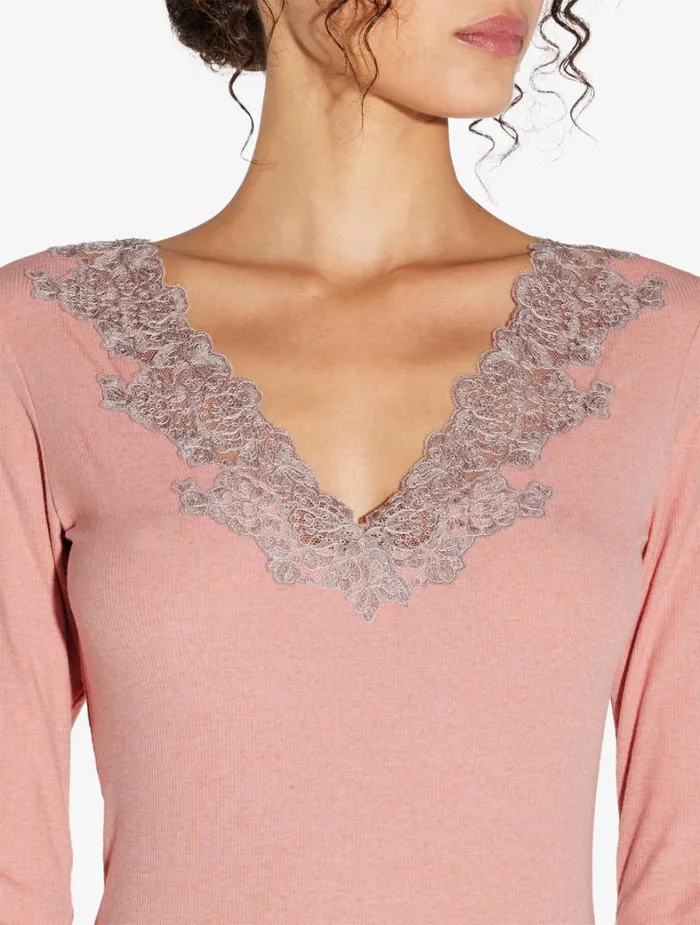 La Perla Cashmere Blend Ribbed Longsleeved Top In Blush Clay With Frastaglio Women Pajamas