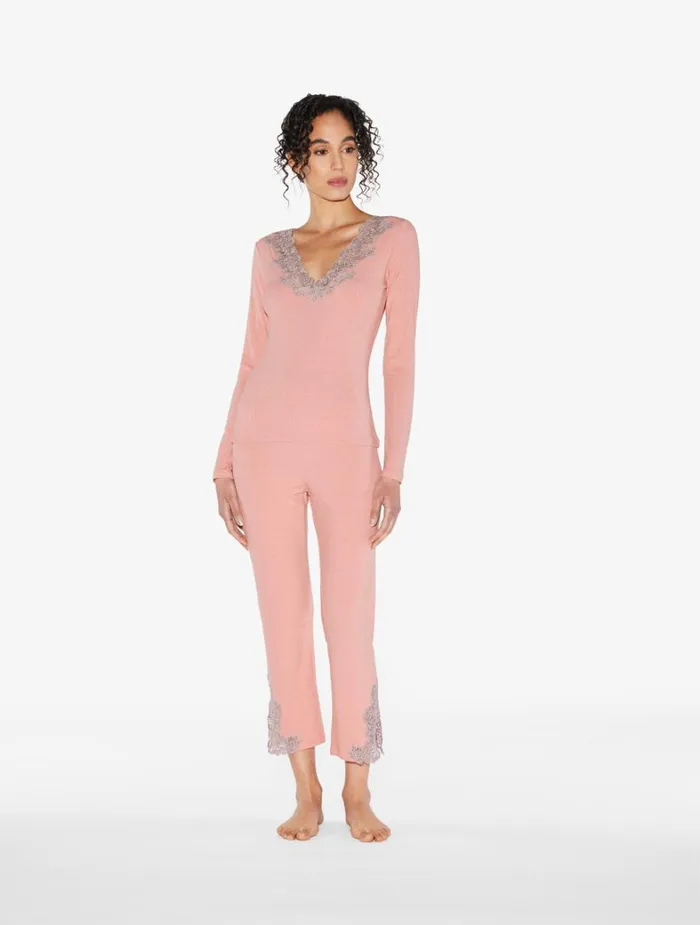 La Perla Cashmere Blend Ribbed Longsleeved Top In Blush Clay With Frastaglio Women Pajamas
