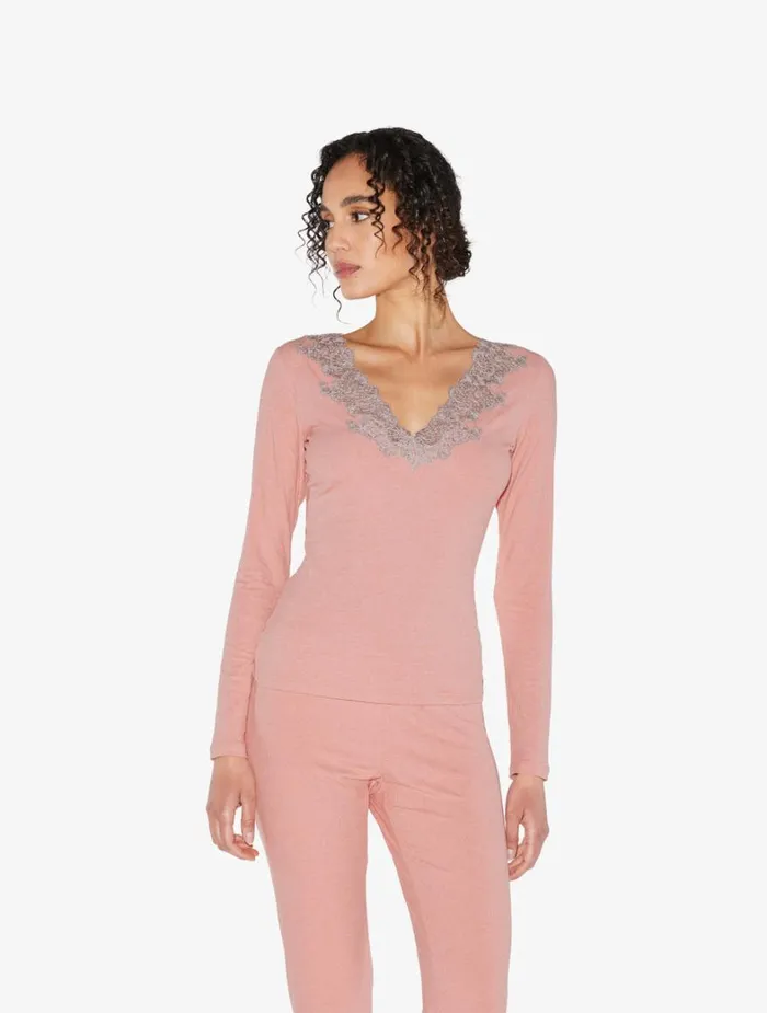 La Perla Cashmere Blend Ribbed Longsleeved Top In Blush Clay With Frastaglio Women Pajamas