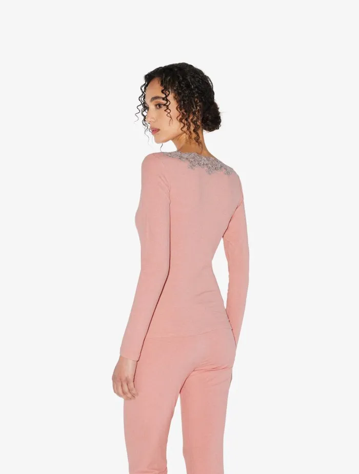 La Perla Cashmere Blend Ribbed Longsleeved Top In Blush Clay With Frastaglio Women Pajamas