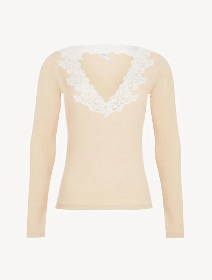 La Perla Cashmere Blend Ribbed Longsleeved Top In Halo With Frastaglio Women Camisoles