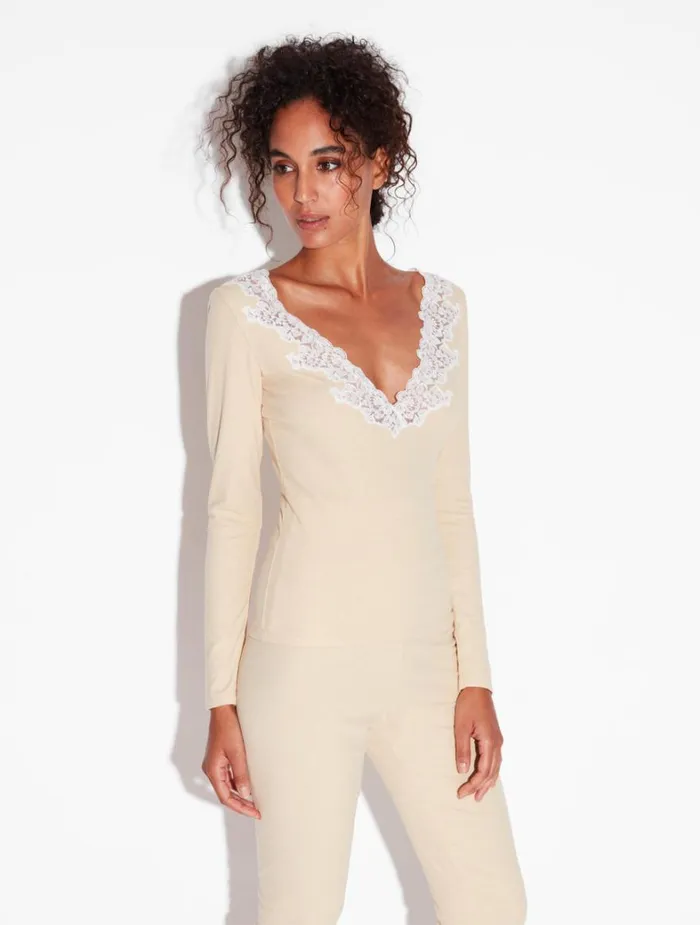 La Perla Cashmere Blend Ribbed Longsleeved Top In Halo With Frastaglio Women Camisoles