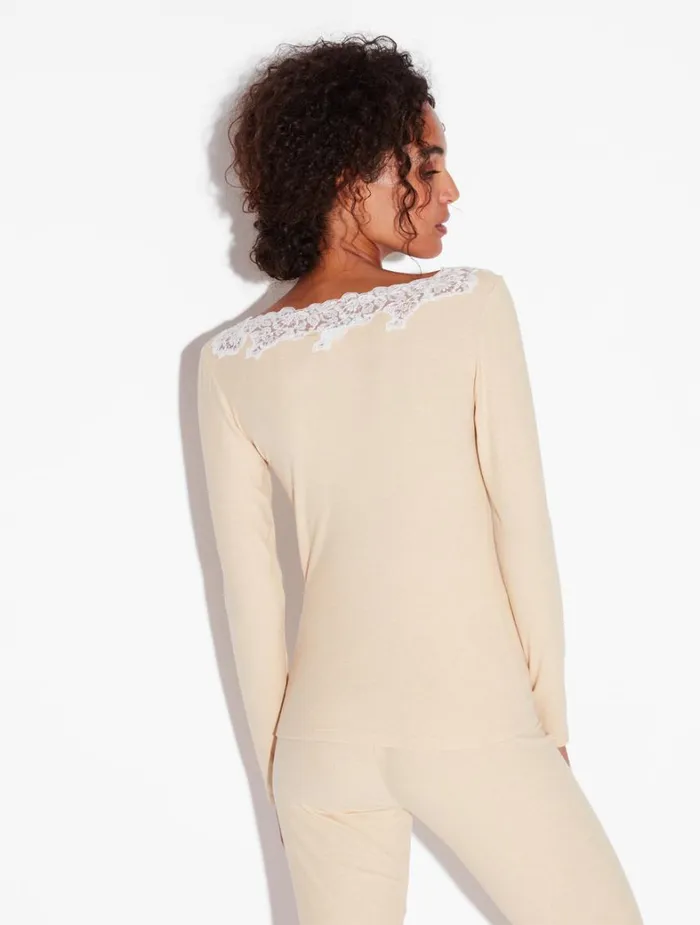 La Perla Cashmere Blend Ribbed Longsleeved Top In Halo With Frastaglio Women Camisoles