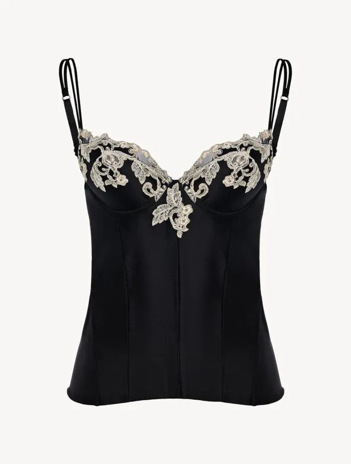 La Perla Luxury Black Corset In Silk Satin With Frastaglio Women Bodysuits and Bustiers La Perla Luxury Black Corset In Silk Satin With Frastaglio Women Bodysuits and Bustiers