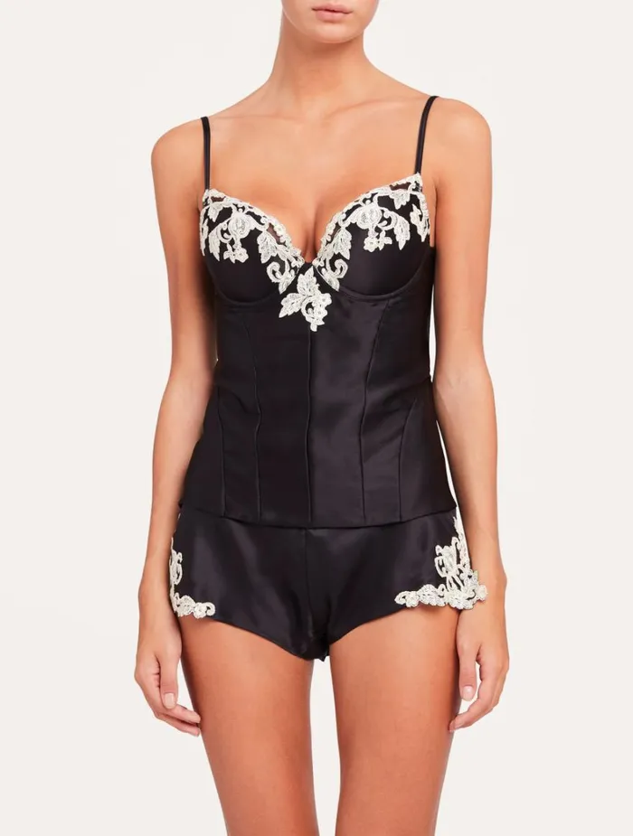La Perla Luxury Black Corset In Silk Satin With Frastaglio Women Bodysuits and Bustiers