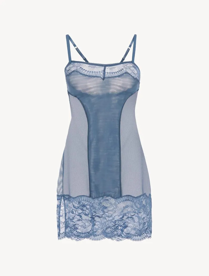 La Perla Luxury Lace Slip Dress In Dark Blue Women Slips and Dresses