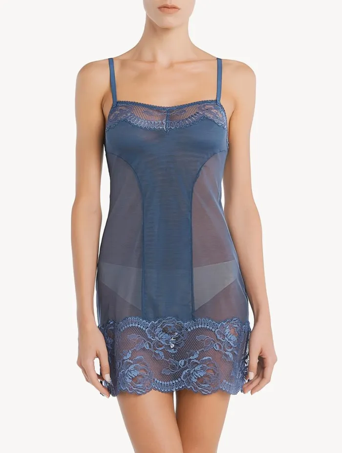 La Perla Luxury Lace Slip Dress In Dark Blue Women Slips and Dresses