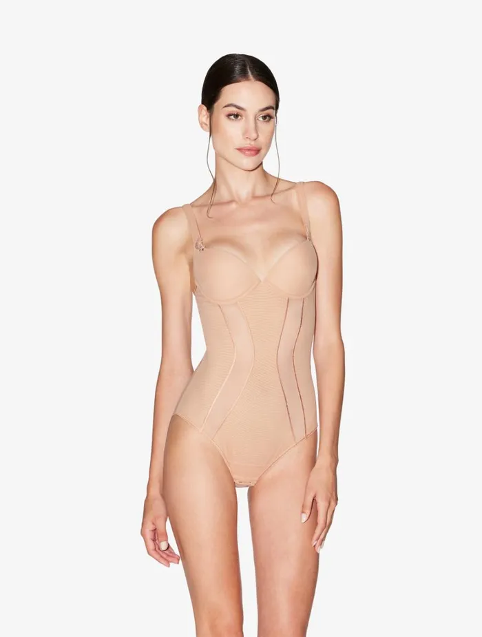 La Perla Luxury Stretch Tulle Bodysuit In Sand Women Bodysuits and Bustiers