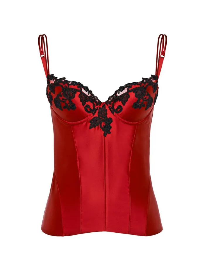 La Perla Red Corset In Silk Satin With Frastaglio Women Bodysuits and Bustiers