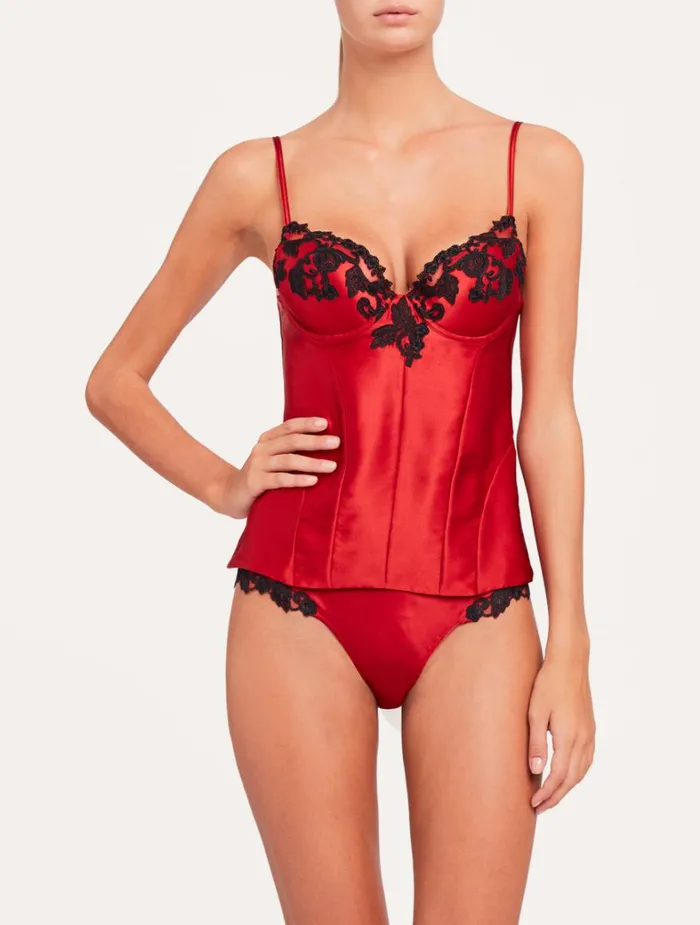 La Perla Red Corset In Silk Satin With Frastaglio Women Bodysuits and Bustiers