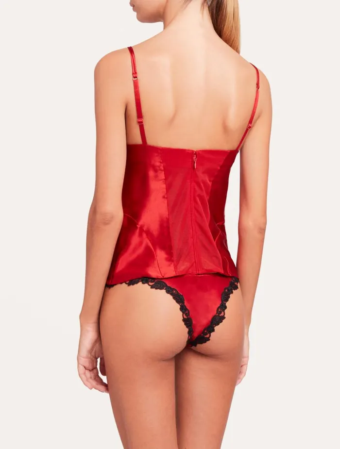 La Perla Red Corset In Silk Satin With Frastaglio Women Bodysuits and Bustiers