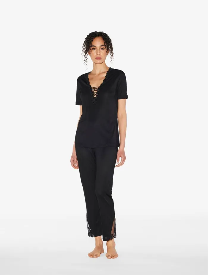 La Perla Trousers In Black Modal With Embroidered Tulle Women Pajamas