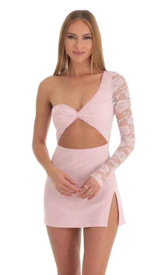 Lace One Shoulder Dress Pink Women LUCY IN THE SKY Mini Dresses