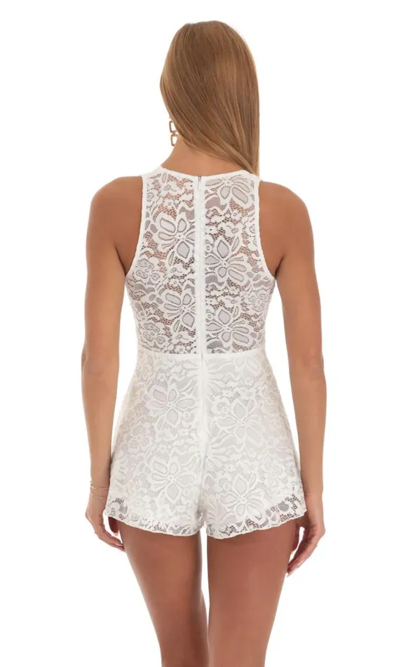 Lace Plunge Romper White Women LUCY IN THE SKY Rompers Lace Plunge Romper White Women LUCY IN THE SKY Rompers