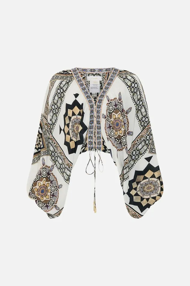 LACE UP FRONT BLOUSON SLEEVE BLOUSE TILE STYLE Tile Style Womens Camilla Blouses and Shirts