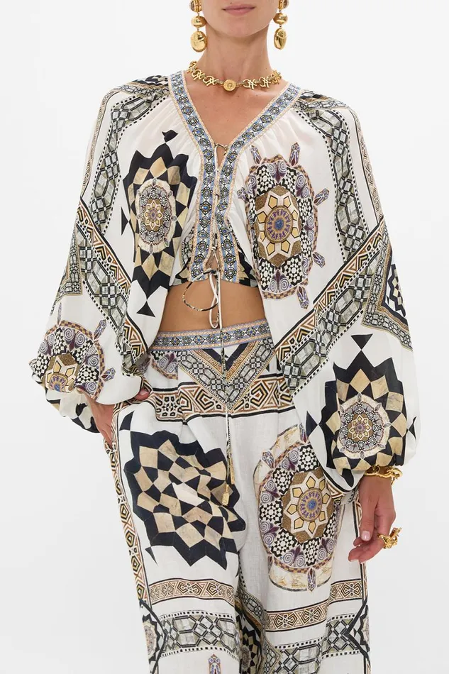 LACE UP FRONT BLOUSON SLEEVE BLOUSE TILE STYLE Tile Style Womens Camilla Blouses and Shirts