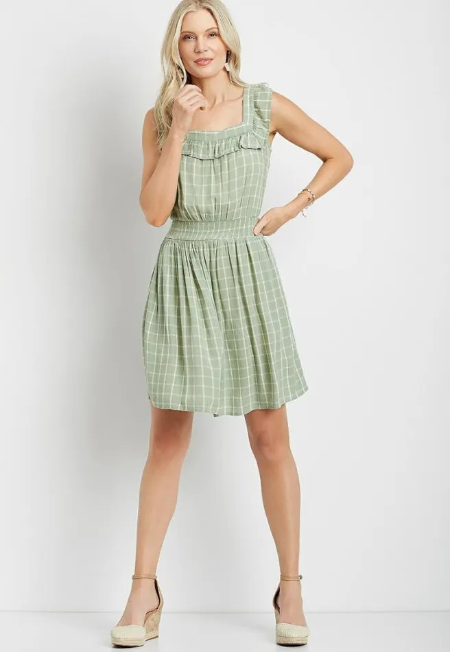 Light Green Plaid Ruffle Trim Mini Dress Women Maurices Dresses and Jumpsuits