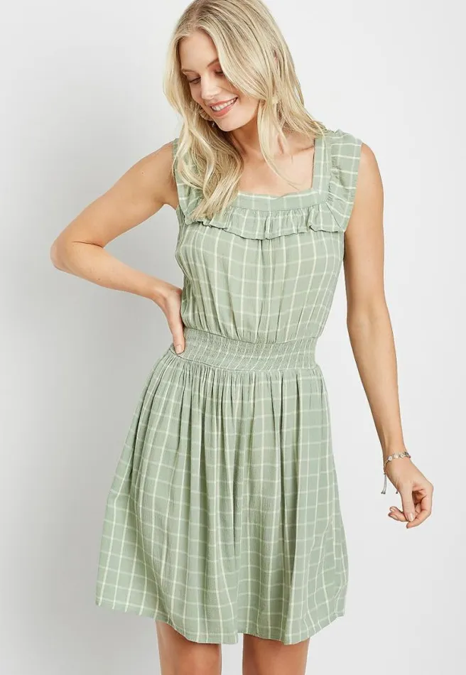 Light Green Plaid Ruffle Trim Mini Dress Women Maurices Dresses and Jumpsuits