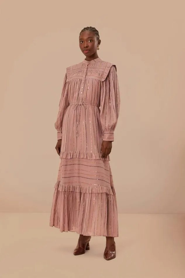 Light Pink Pleated Yoke Tiered Maxi Dress Women FARM Rio Maxi Dresses