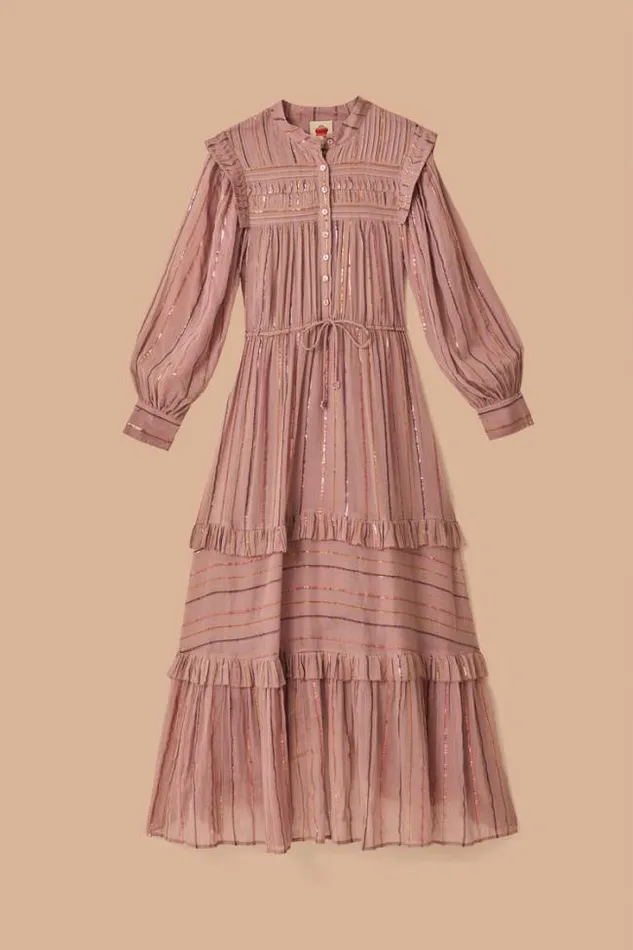 Light Pink Pleated Yoke Tiered Maxi Dress Women FARM Rio Maxi Dresses
