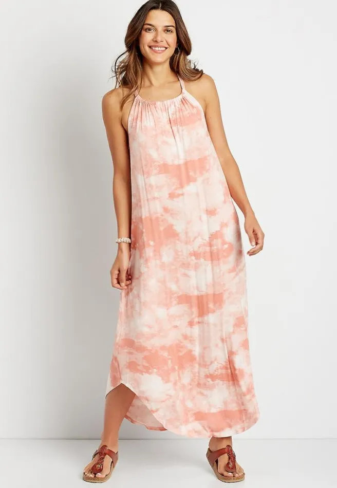 Light Pink Tie Dye Halter Neck Pocket Maxi Dress Women Maurices Dresses and Jumpsuits
