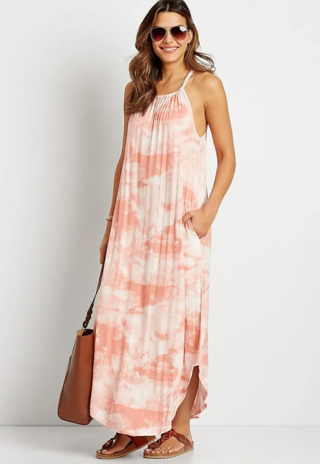 Light Pink Tie Dye Halter Neck Pocket Maxi Dress Women Maurices Dresses and Jumpsuits