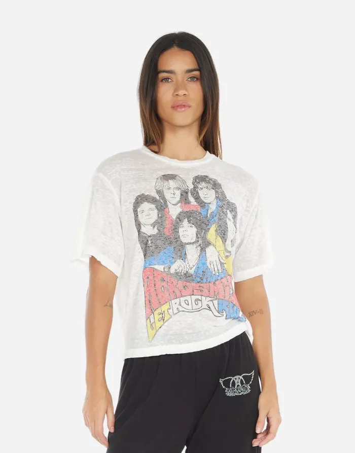 Linnea Vintage Aerosmith Milk Burnout Women Lauren Moshi Short Sleeve