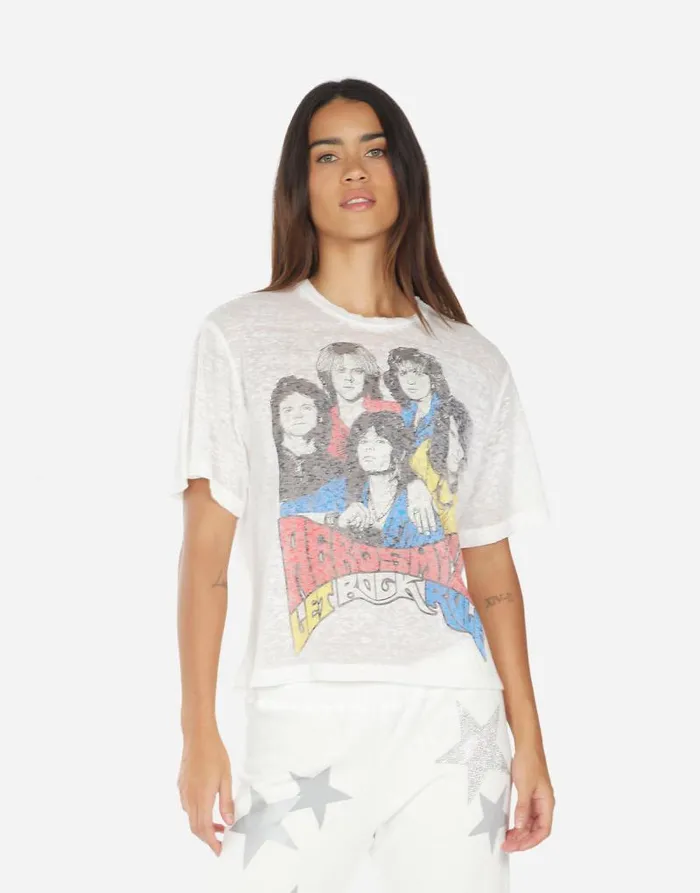 Linnea Vintage Aerosmith Milk Burnout Women Lauren Moshi Short Sleeve