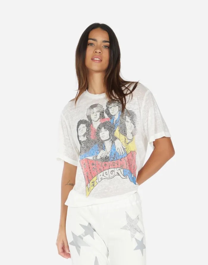 Linnea Vintage Aerosmith Milk Burnout Women Lauren Moshi Short Sleeve