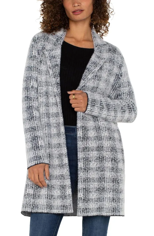 Liverpool Los Angeles Coatigans OPEN FRONT COATIGAN SWEATER Grey White Plaid 8211 Womens Liverpool Los Angeles Coatigans OPEN FRONT COATIGAN SWEATER Grey White Plaid 8211 Womens