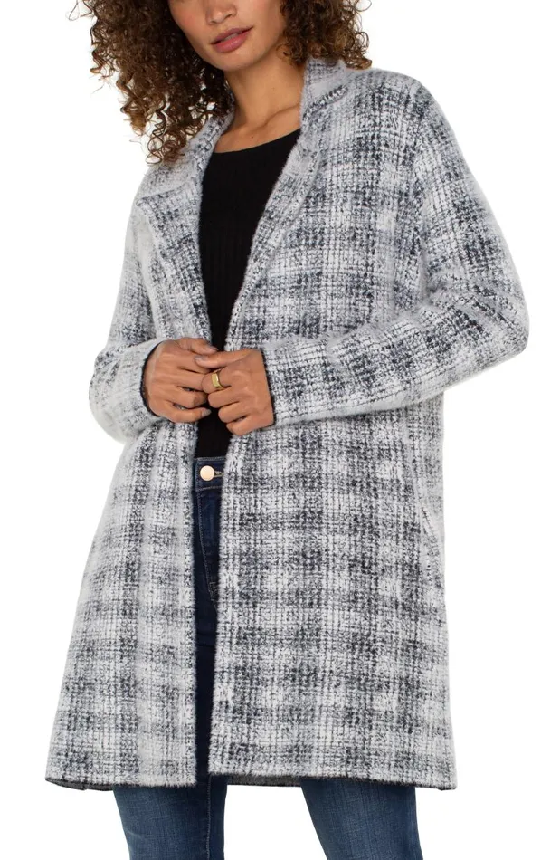 Liverpool Los Angeles Coatigans OPEN FRONT COATIGAN SWEATER Grey White Plaid 8211 Womens