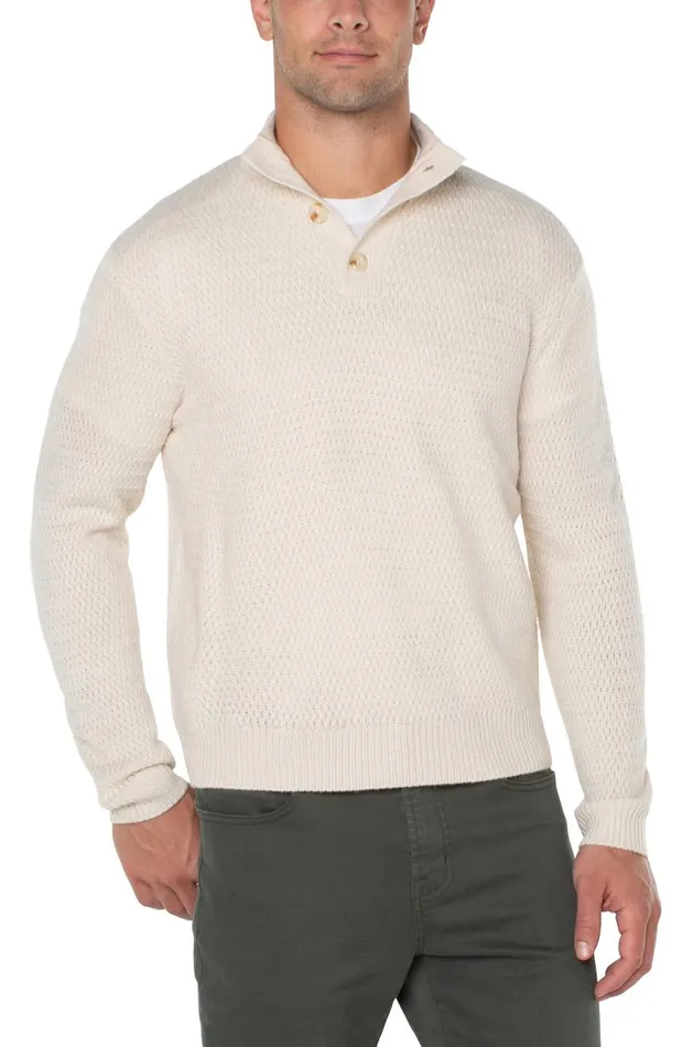 Liverpool Los Angeles Sweaters BUTTON MOCK NECK SWEATER Cream 8211 Mens