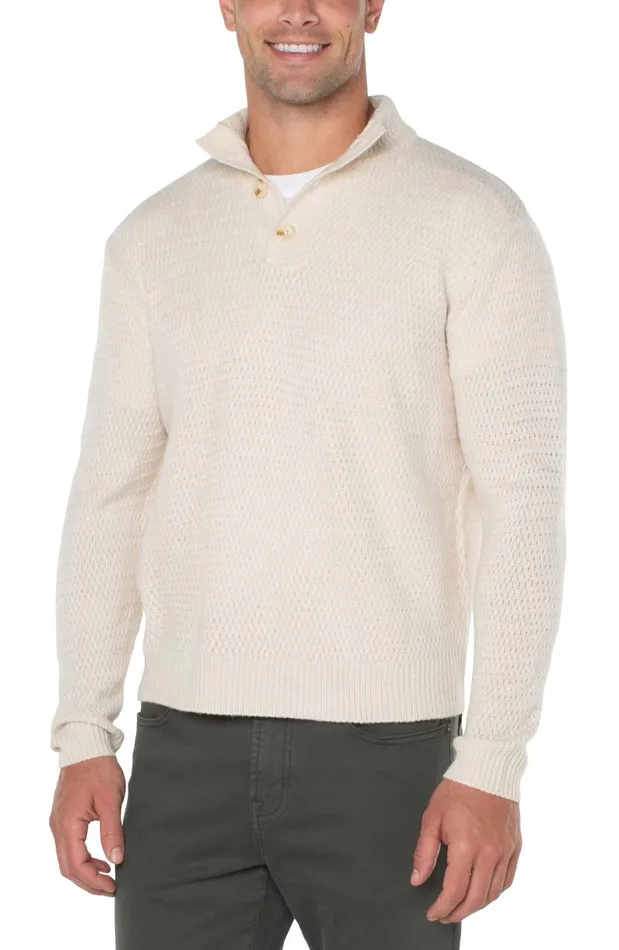 Liverpool Los Angeles Sweaters BUTTON MOCK NECK SWEATER Cream 8211 Mens