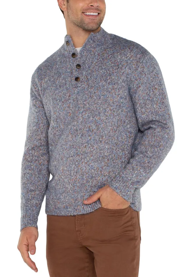 Liverpool Los Angeles Sweaters BUTTON MOCK NECK SWEATER Light Blue Multi 8211 Mens