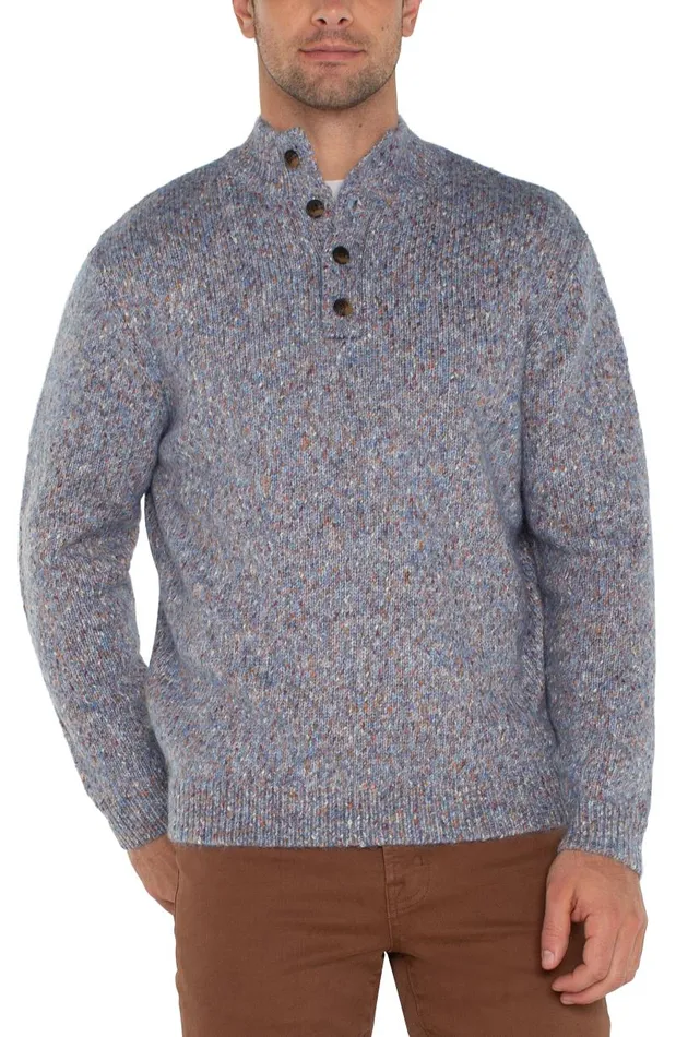 Liverpool Los Angeles Sweaters BUTTON MOCK NECK SWEATER Light Blue Multi 8211 Mens