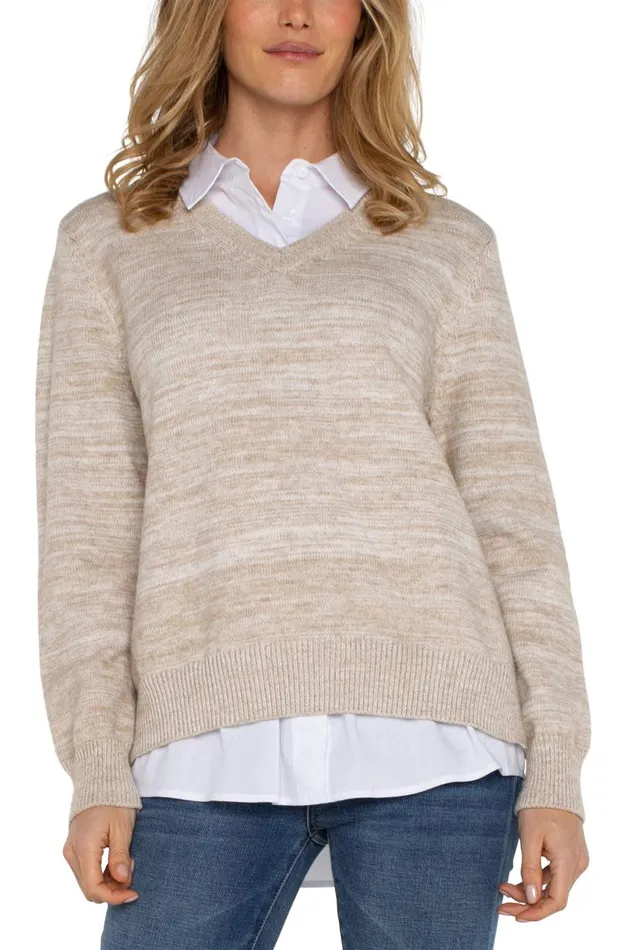 Liverpool Los Angeles Sweaters LONG SLEEVE TWOFER COLLARED SWEATER Light Oatmeal Melange 8211 Womens Liverpool Los Angeles Sweaters LONG SLEEVE TWOFER COLLARED SWEATER Light Oatmeal Melange 8211 Womens