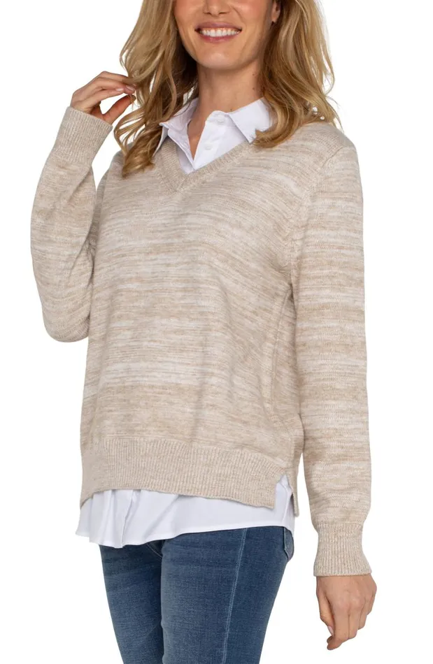 Liverpool Los Angeles Sweaters LONG SLEEVE TWOFER COLLARED SWEATER Light Oatmeal Melange 8211 Womens